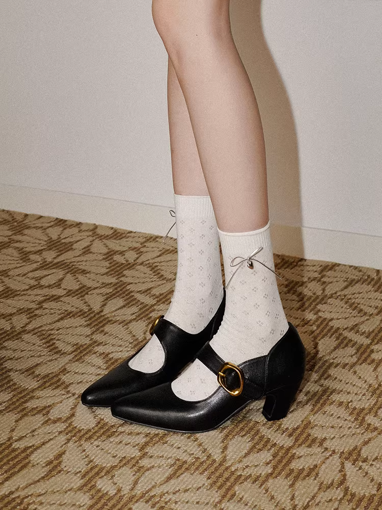 Pear Xiaoqi~ Giày Mary Jane đơn giản và tôn dáng dành cho nữ với giày cao gót, giày da thật mũi nhọn kiểu cổ điển.