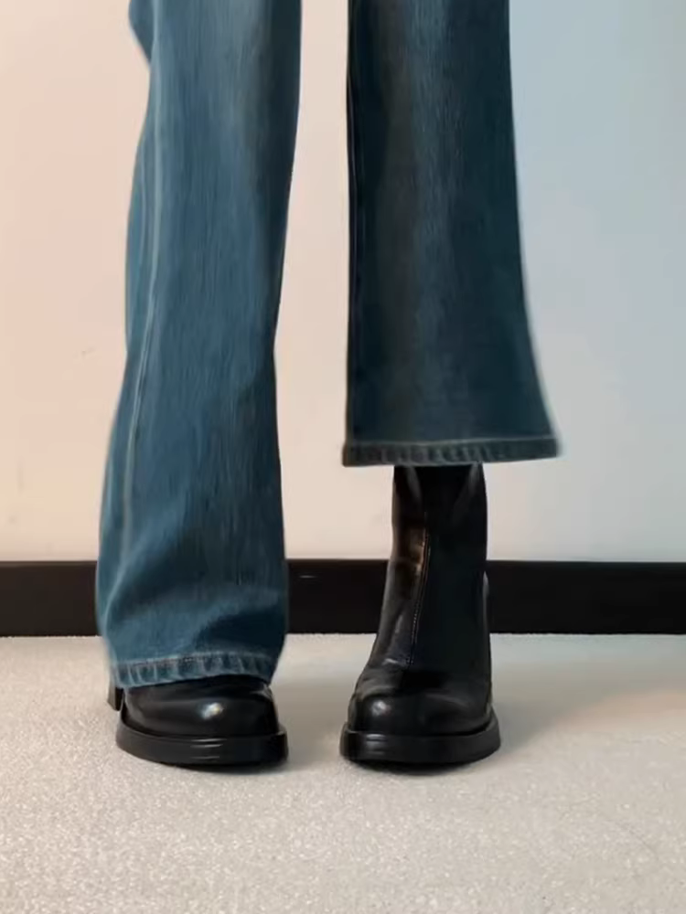 Phiên bản da bò ~ Giày bốt cao gót thon gọn co giãn dành cho nữ, phong cách Pháp có khóa kéo phía sau, da thật, bốt ngắn đơn giản và đa năng.