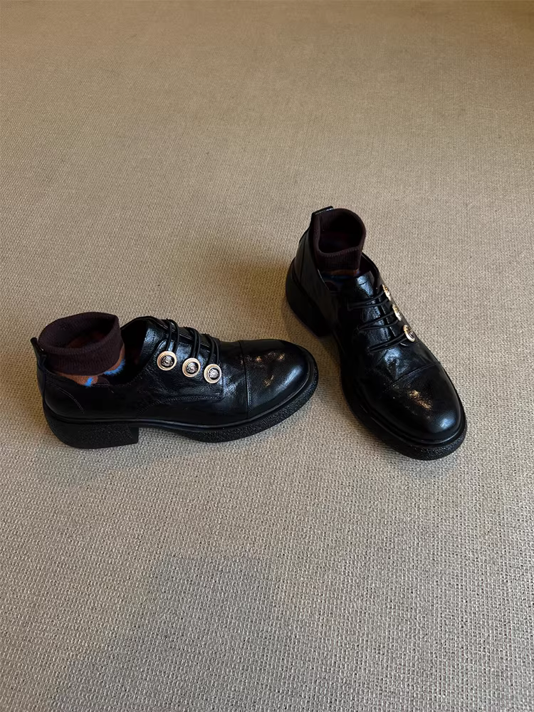 Phiên bản da cừu ~ Giày da đế dày đa năng phong cách Hepburn của Pháp dành cho nữ, giày lười da thật có gót tròn kiểu cổ điển có nút gót dày