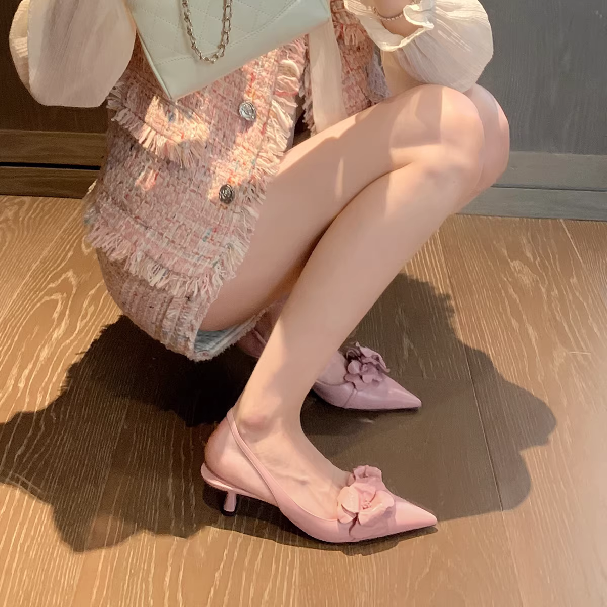 Phiên bản da cừu ~ Giày cao gót mũi nhọn hở lưng kiểu Pháp thanh lịch dành cho nữ, gót mỏng thoải mái, dép kín mũi.