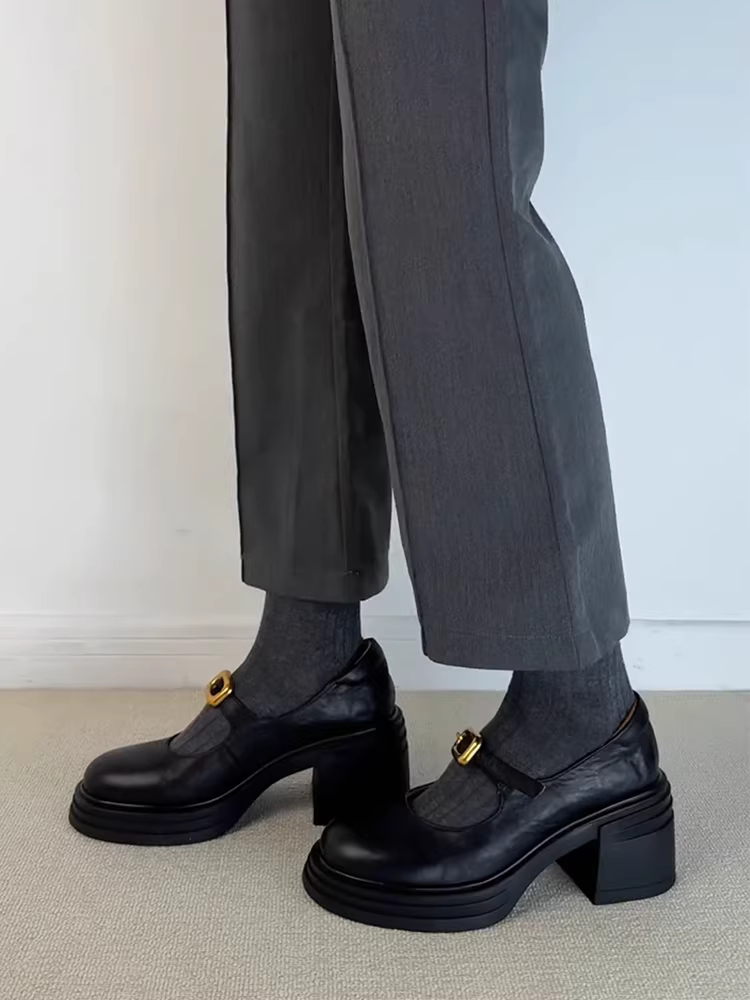 Phiên bản da cừu ~ giày lười tăng chiều cao đa năng dành cho phụ nữ nhỏ nhắn, giày da đế dày mũi tròn kiểu retro quai đơn