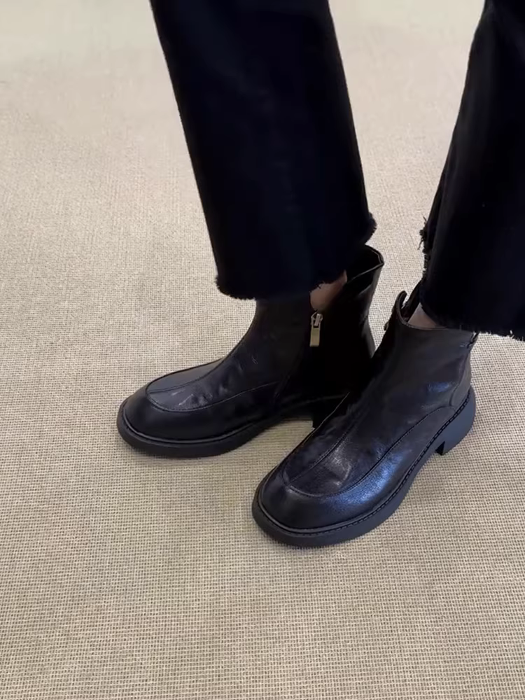 Phiên bản da bò~ Giày bốt Martin đơn giản bằng da thật kiểu Anh dành cho nữ có khóa kéo bên hông, gót thấp, mũi tròn, giày bốt ngắn đi làm thông thường đa năng