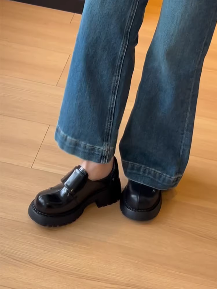 Phiên bản da cừu ~ Giày Derby dành cho nữ, giày lười đế dày cao cấp có khóa dán, giày da nhỏ kiểu Anh