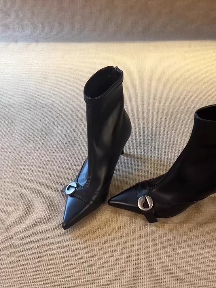 Phiên bản da bò ~ Giày bốt cao gót kiểu Anh cao cấp dành cho nữ có khóa thắt lưng, mũi nhọn, khóa kéo sau lưng thanh lịch, giày bốt da thật co giãn