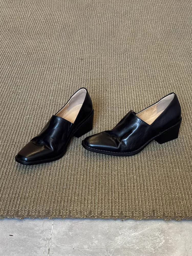 Phiên bản da cừu ~ Giày lười mũi vuông bằng da thật, phong cách và sành điệu dành cho nữ, thích hợp đi làm, với phong cách cổ điển đơn giản và sang trọng, có gót dày.