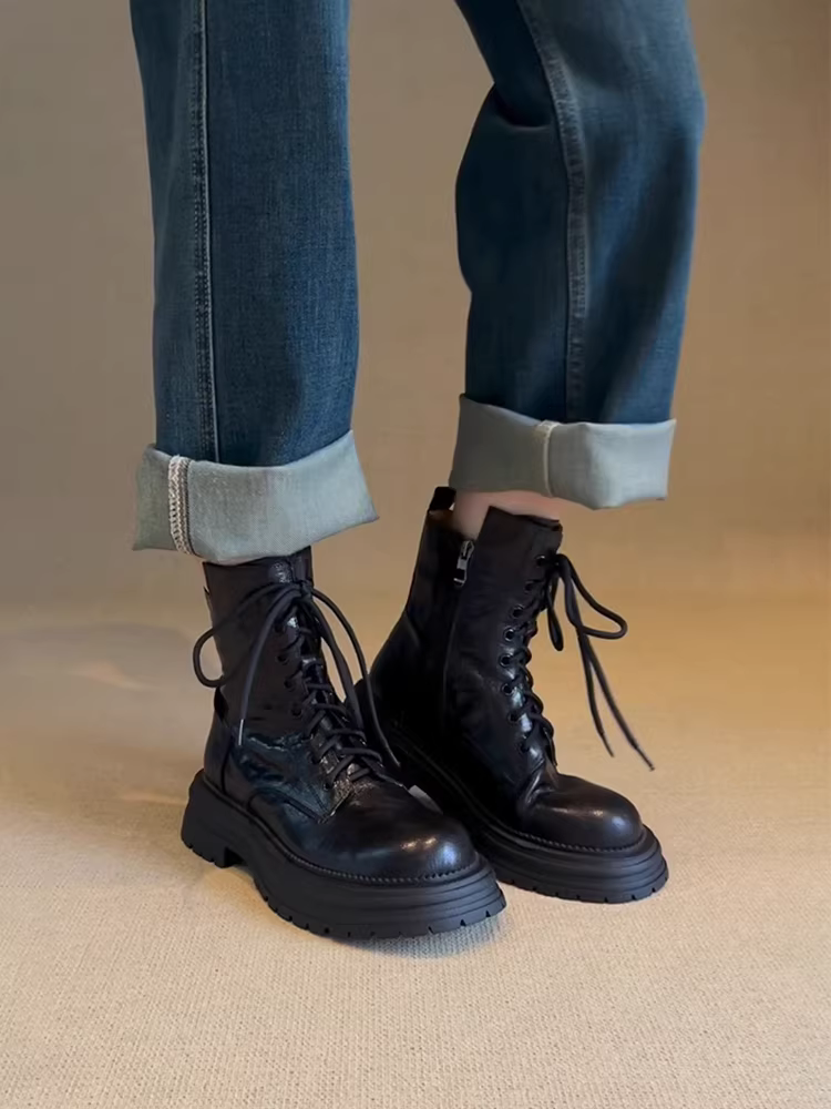Phiên bản da bò ~ Giày bốt Martin đế dày mũi tròn bằng da thật dành cho nữ, đa năng, thon gọn, buộc dây, bốt ngắn phong cách cổ điển kiểu Anh