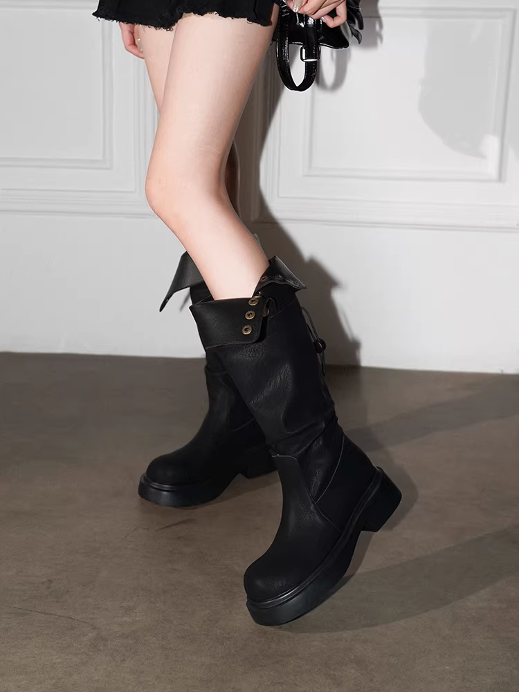 Pear Xiaoqi~ Giày bốt dài da thật Retro Melard Giày bốt dài đa năng dành cho nữ mùa thu đông Giày bốt cưỡi ngựa đế dày có thể mang hai chiều