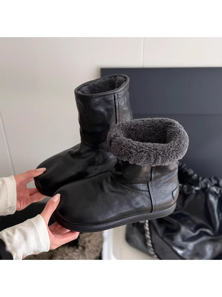 Phiên bản da bò ~ Giày bốt cotton cổ điển thời trang màu đen dành cho nữ, lông cừu dày, ấm áp, thích hợp để mặc ngoài trời ở vùng Đông Bắc, giày đi tuyết thanh lịch cao cấp