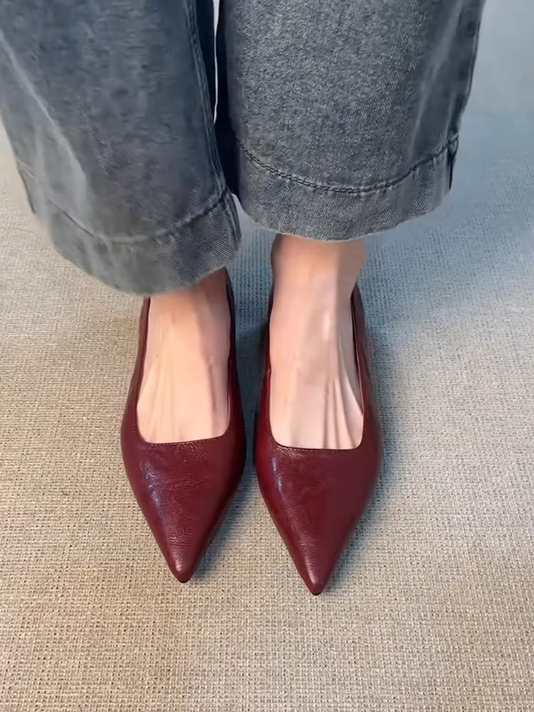 Phiên bản da cừu ~ Giày da đế thấp đi làm mũi nhọn, giày công sở thanh lịch, giày nữ kiểu dáng cổ điển, mũi nông, kiểu lười