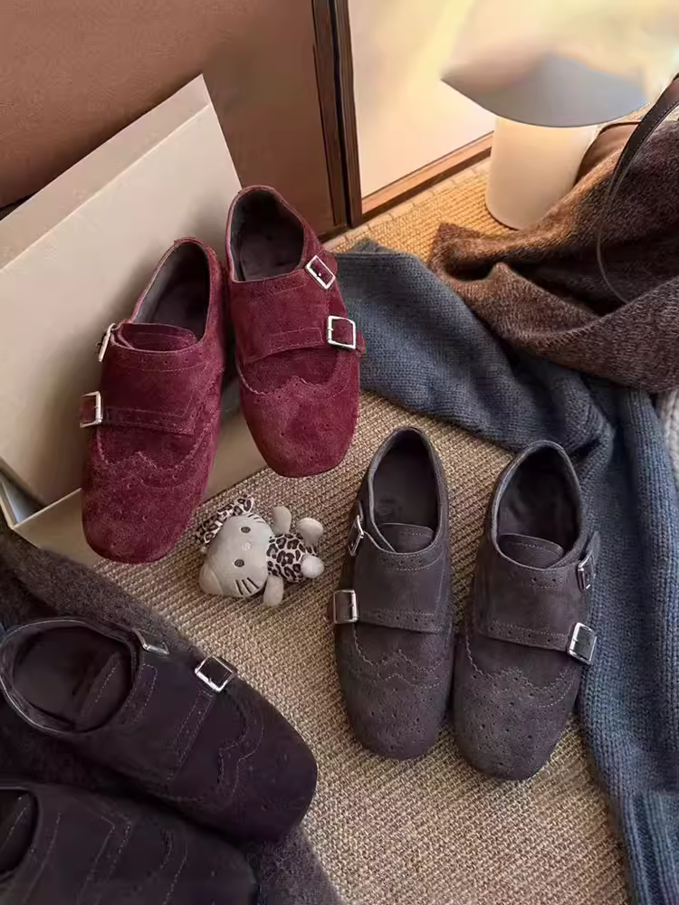 Phiên bản da cừu ~ Giày lười da thật lót lông cừu Melard dành cho nữ, giày đế bằng thiết kế độc đáo kiểu brogue Pháp