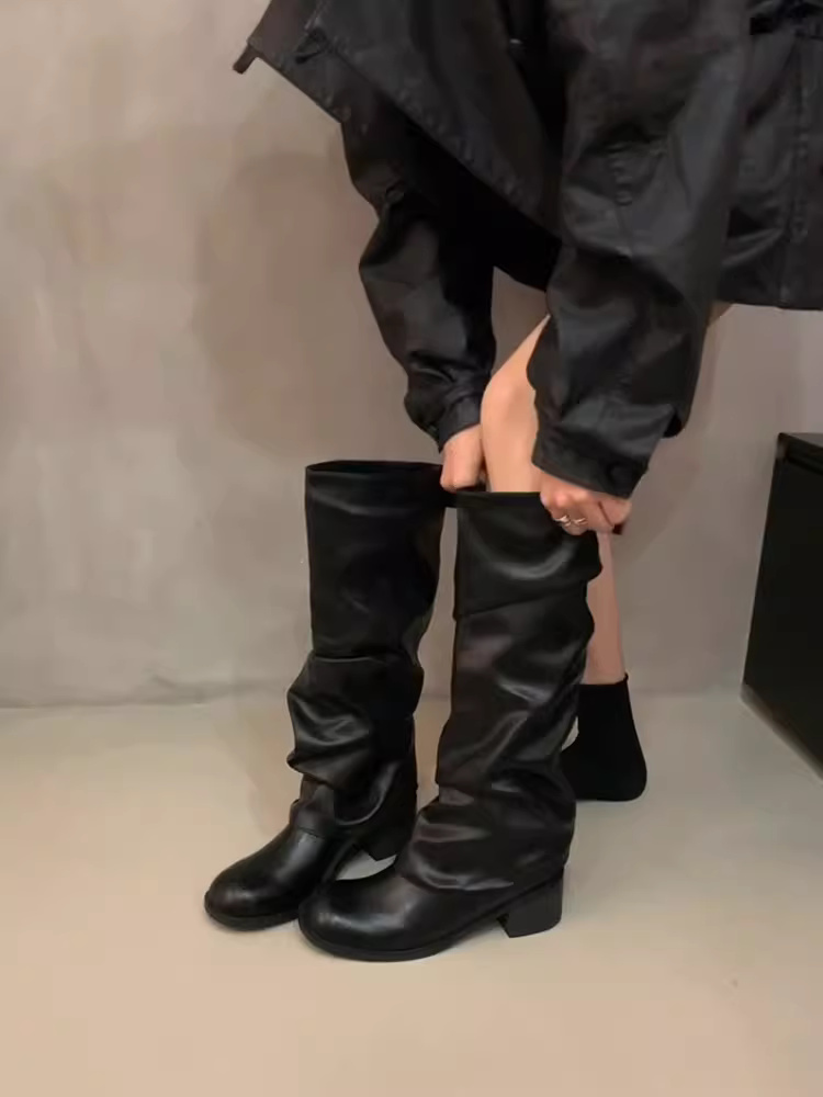 Phiên bản da bò ~ Giày bốt hiệp sĩ xếp ly cổ điển mũi tròn dành cho nữ, bốt cao gót đế thô bằng da thật, bốt dài qua đầu gối kiểu bootcut