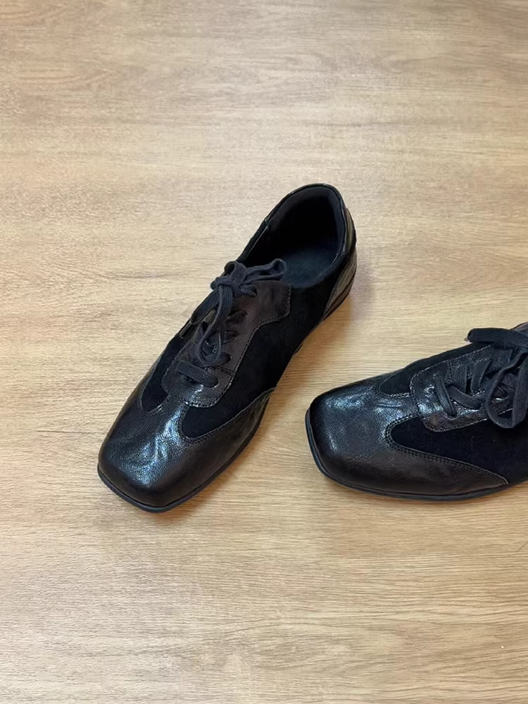 Phiên bản da cừu ~ Giày thể thao buộc dây miệng sâu bằng da thật mới, giày buộc dây mũi vuông phong cách cổ điển mùa xuân và mùa thu