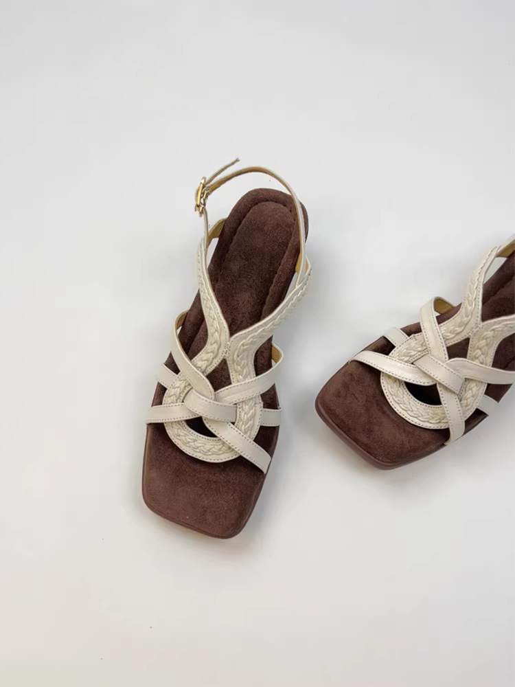 Phiên bản da cừu ~ Thiết kế độc đáo kiểu retro, dép La Mã mũi vuông, đế rỗng, dệt thoáng khí, thời trang, chất liệu da thật, đa năng