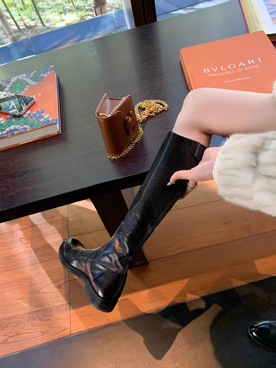 Da đã qua xử lý ~ Giày bốt hiệp sĩ đế dày xếp ly cổ điển dành cho nữ, phong cách Anh, khóa kéo phía sau, gót dày, bốt cao thẳng