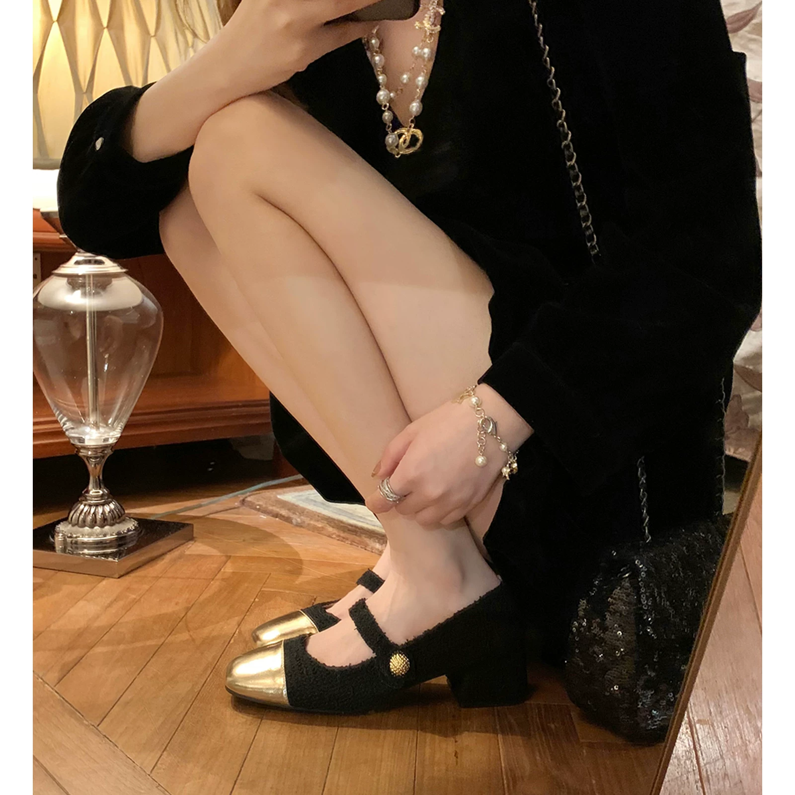 Giày cao gót chunky kiểu Chanel dành cho nữ, giày Mary Jane cổ điển Pháp với phong cách nhẹ nhàng, giày dạ hội, mẫu mới xuân 2025.