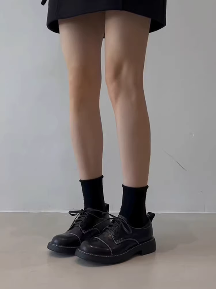 Phiên bản da bò ~ Giày lười da thật kiểu Anh có dây buộc, kiểu dáng độc đáo dành cho nữ, giày da đế dày đa năng màu đen phong cách sinh viên