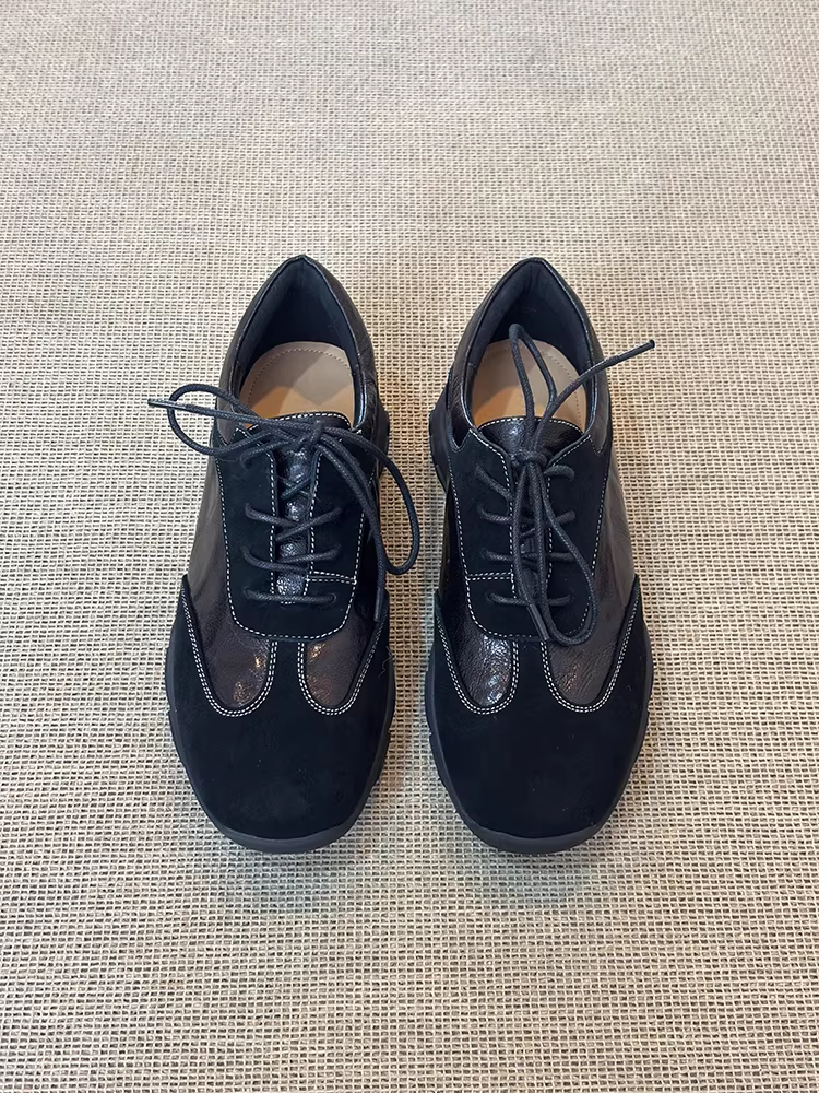 Phiên bản da cừu ~ Giày tập thể thao đế dày kiểu đại học dành cho nữ, giày thường đa năng có dây buộc sâu, giày đơn phối da thật.