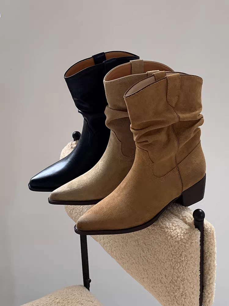 Phiên bản da bò ~ Giày bốt xếp ly kiểu dáng thời trang phong cách wasteland bằng da thật dành cho nữ, giày bốt kiểu phương Tây mũi nhọn cổ điển, đế dày, đi ngoài trời