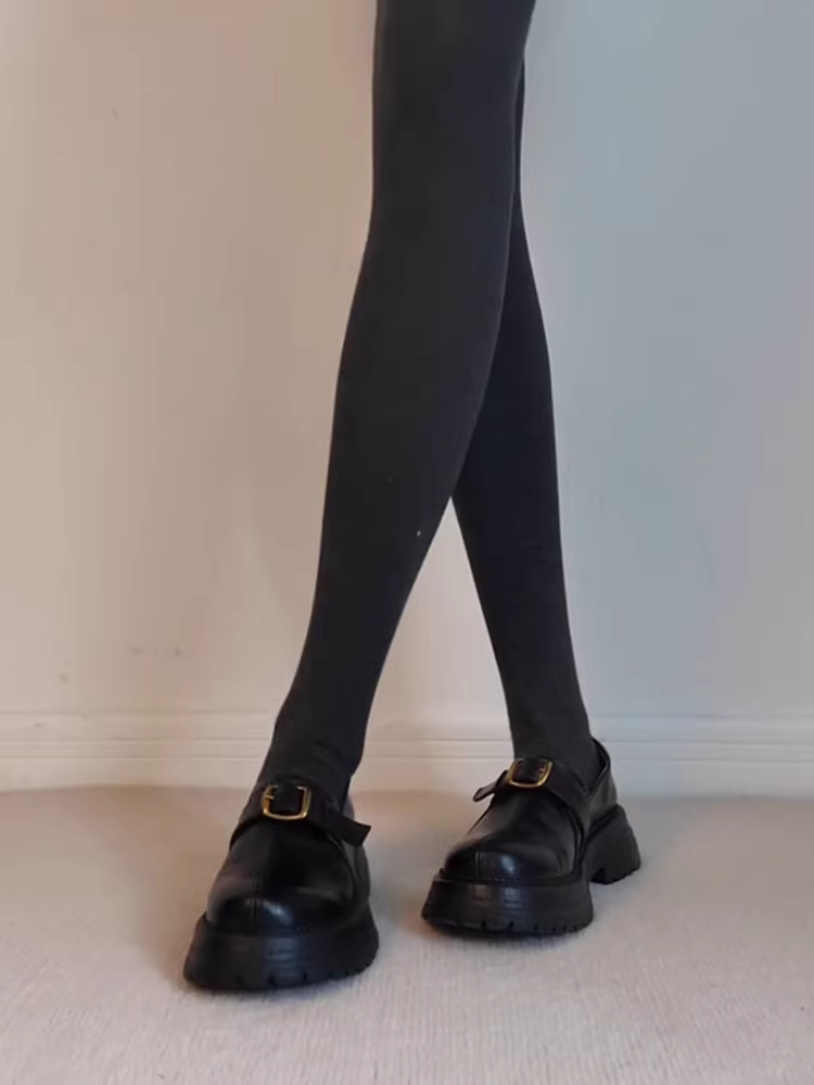 Phiên bản da cừu ~ Giày da đế dày thời trang phong cách cổ điển dành cho nữ có khóa thắt lưng, giày lười đi làm bằng da thật kiểu dáng độc đáo