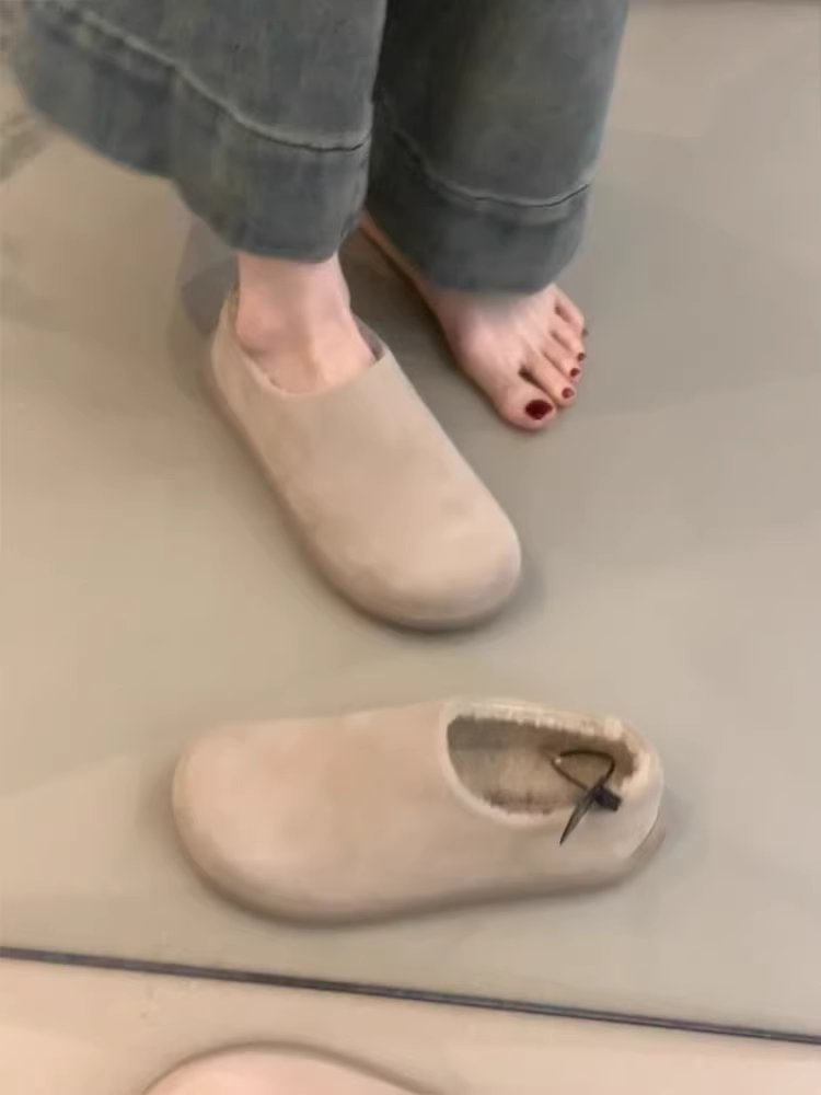 Phiên bản da bò ~ Giày kiểu Birkenstock đế mềm, dễ mang cho nữ, chất liệu da lộn đa năng, lông cừu, giày bông ấm áp