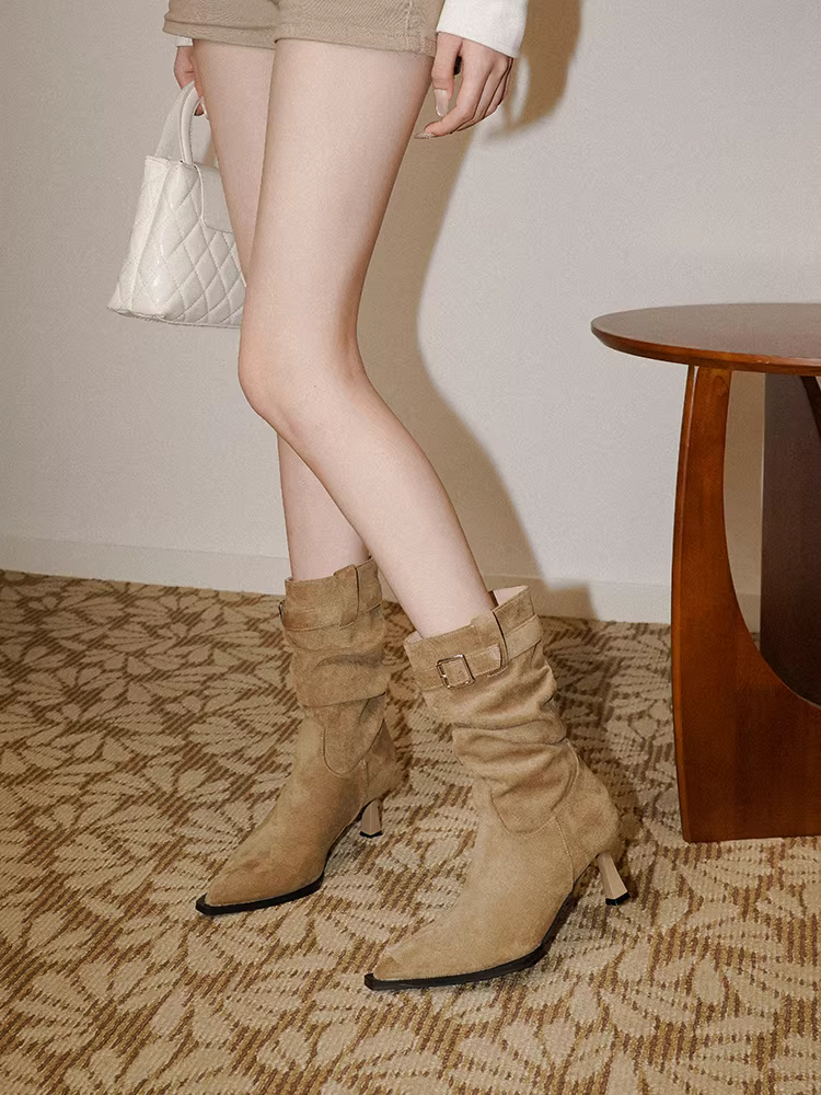 Pear Xiaoqi~ Giày bốt cao gót kiểu lười, bốt ôm dáng dành cho nữ, bốt xếp ly mũi nhọn có khóa thắt lưng da lộn cổ điển