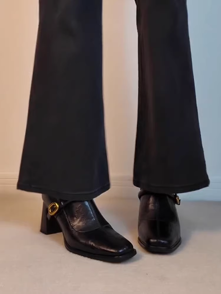Phiên bản da bò ~ Giày bốt ngắn da thật co giãn đa năng kiểu cổ điển dành cho nữ với mũi vuông Giày bốt ngắn cao gót da thật