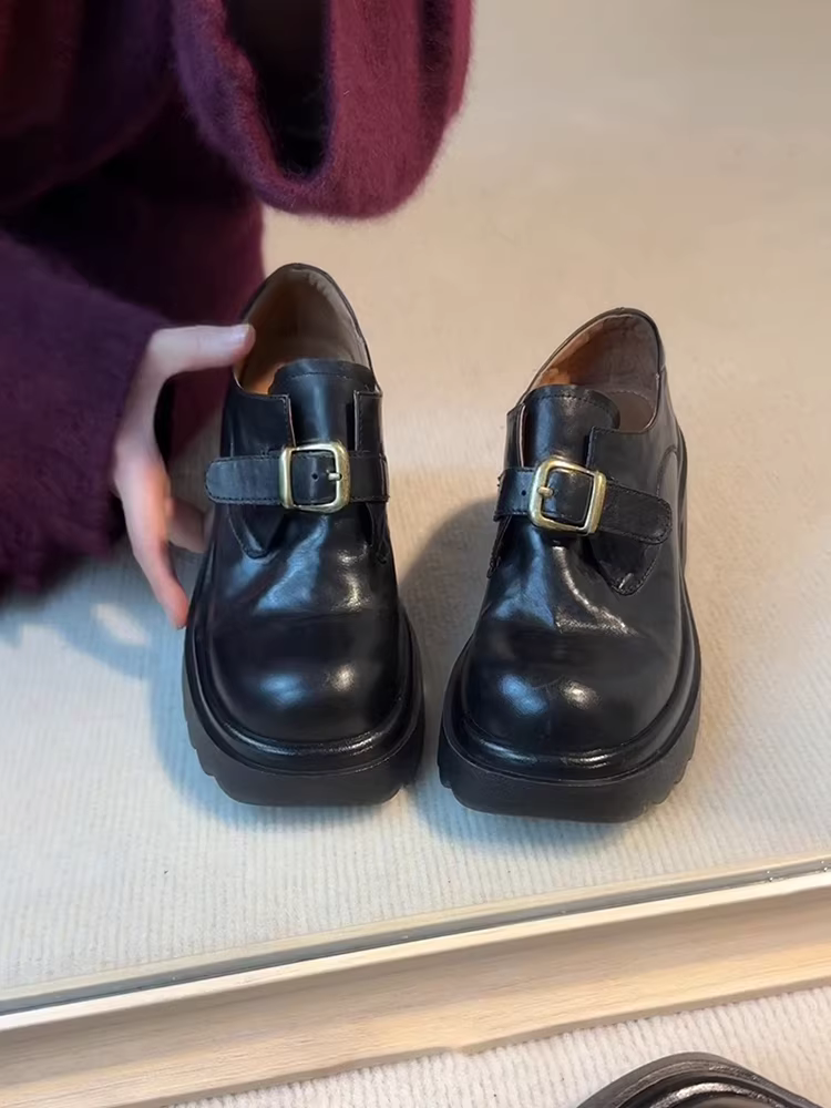 Phiên bản da cừu ~ Giày lười đế dày tăng chiều cao bằng da thật dành cho nữ có khóa thắt lưng, giày đi làm cao gót cổ điển, giày da nhỏ.