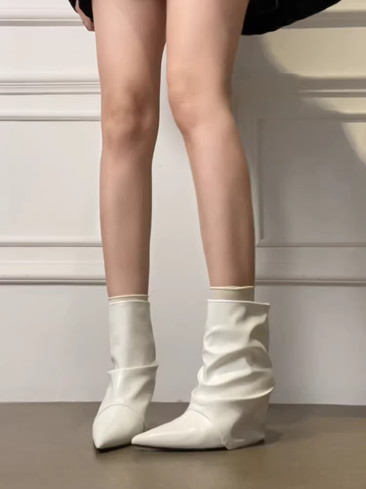 Phiên bản da bò ~ Giày bốt cổ ngắn đế xuồng màu trắng dịu dàng dành cho nữ, bốt da thật mũi nhọn kiểu dáng thời trang, bốt lười thời trang phong cách Anh.