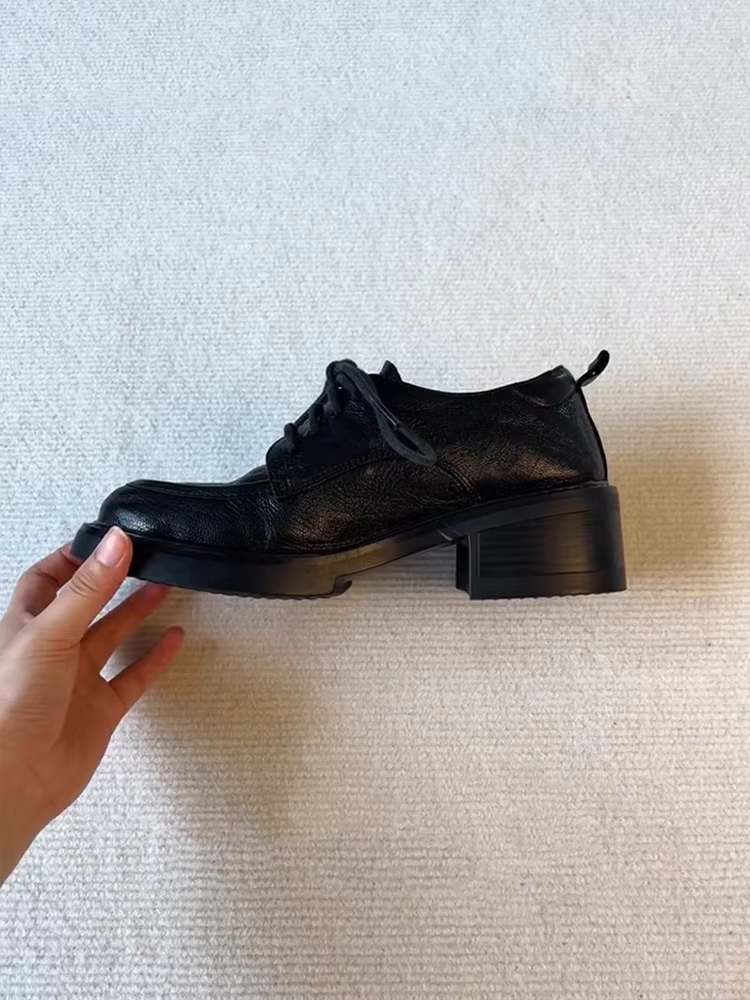 Phiên bản da cừu ~ Giày lười buộc dây kiểu đại học dành cho nữ, giày đơn phong cách retro đa năng, giày da đế dày đế dày đi làm