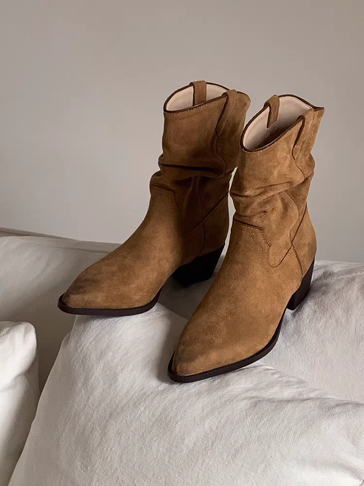 Phiên bản da bò ~ Giày bốt xếp ly kiểu dáng thời trang phong cách wasteland bằng da thật dành cho nữ, giày bốt kiểu phương Tây mũi nhọn cổ điển, đế dày, đi ngoài trời