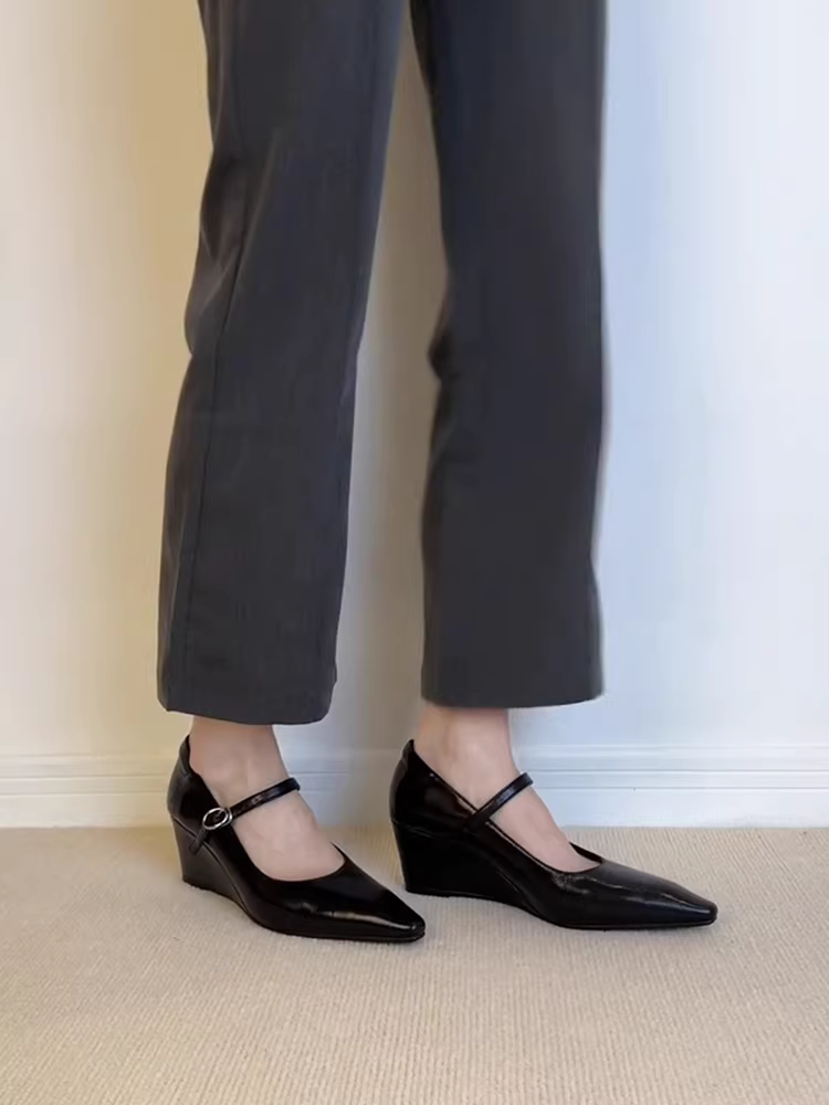 Phiên bản da cừu ~ Giày da thật mũi nhọn gót nhọn kiểu cổ điển dành cho nữ, giày cao gót màu đen có quai đơn, giày Mary Jane đơn giản.