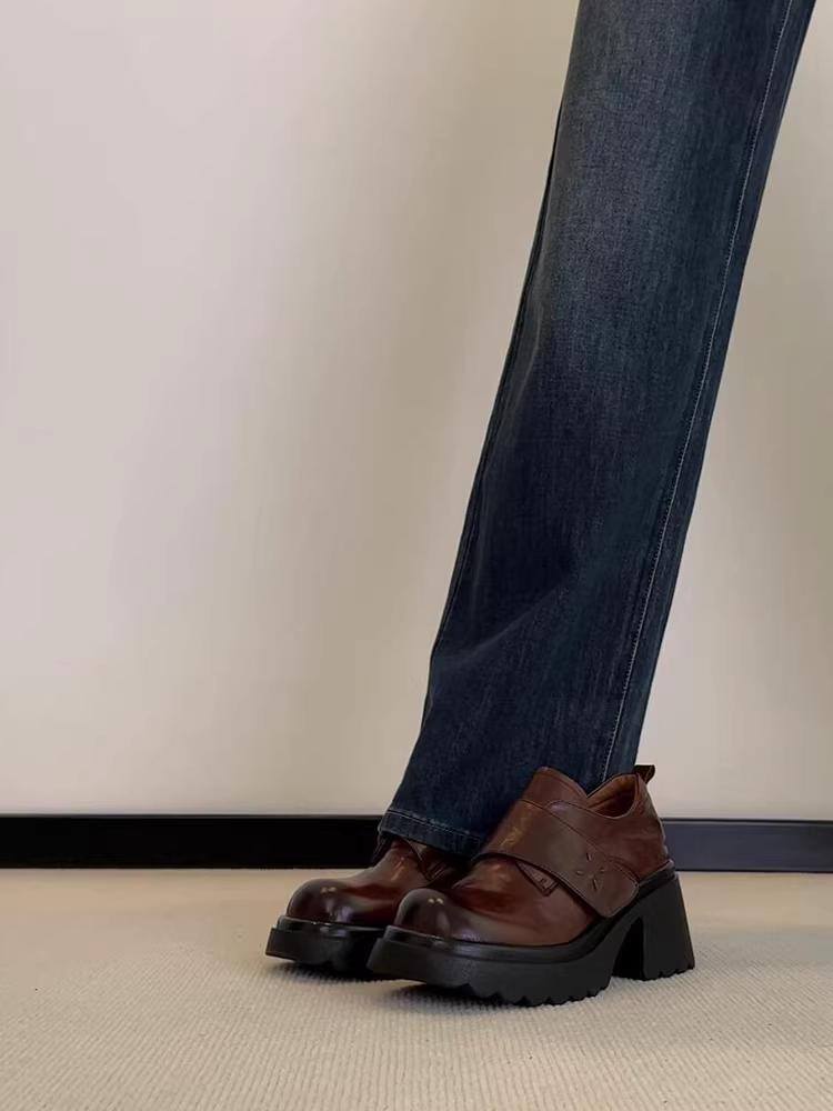 Phiên bản da bò ~ Giày đế dày đế dày chống thấm nước kiểu cổ điển dành cho nữ có mũi giày lớn, có khóa dán, giày da nhỏ kiểu slip-on