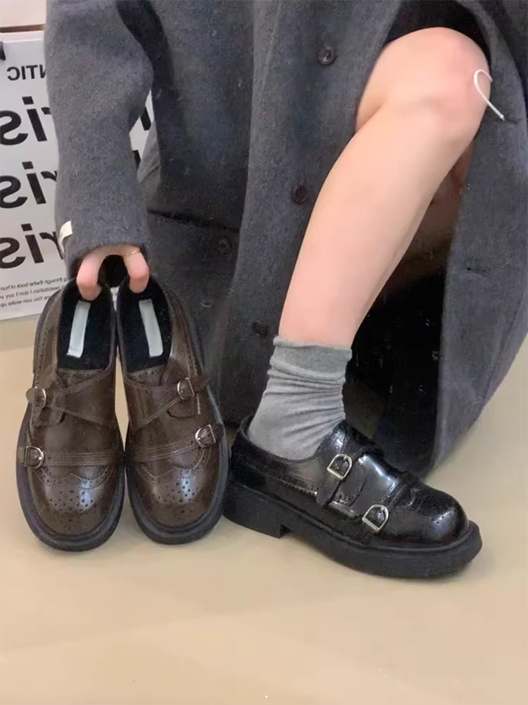 Phiên bản da cừu~ Giày lười kiểu Anh dành cho nữ, kiểu lười có khóa thắt lưng, đế dày, phong cách preppy, giày da nhỏ kiểu cổ điển