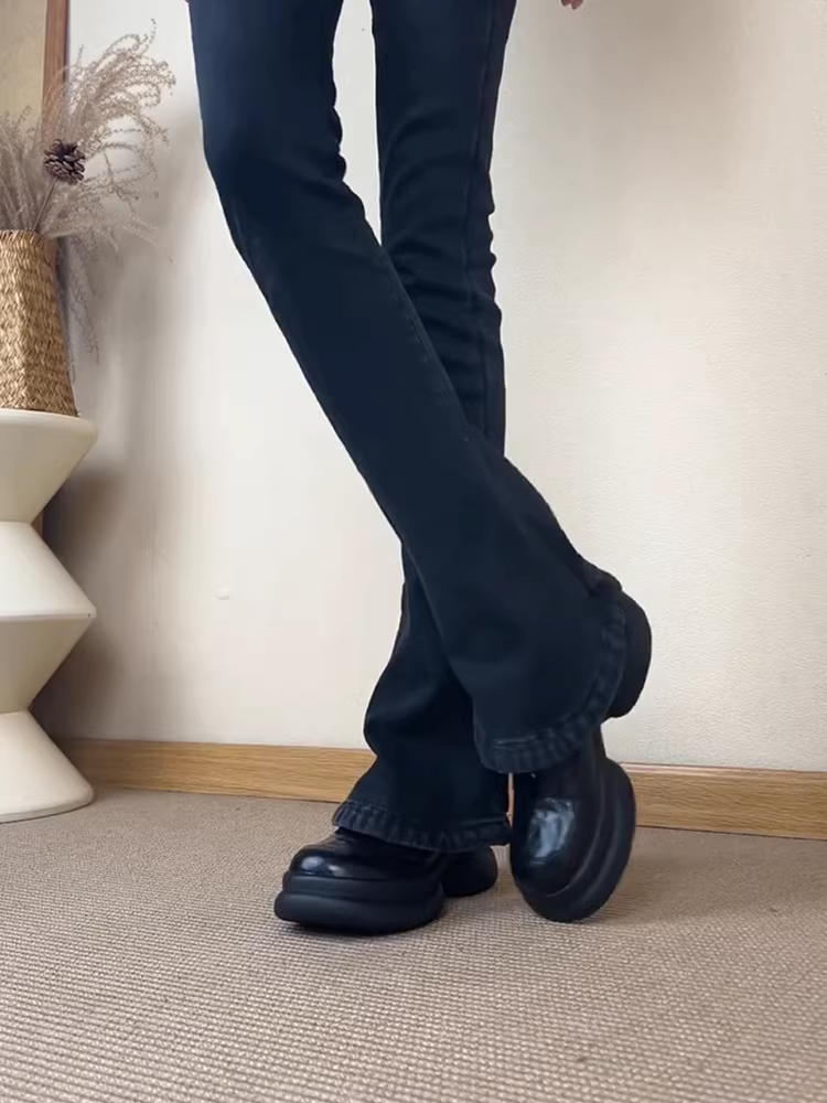 Phiên bản da cừu ~ Giày đế dày đế dày dành cho nữ, giày da nhỏ kiểu cổ điển mũi tròn, giày đơn đa năng.