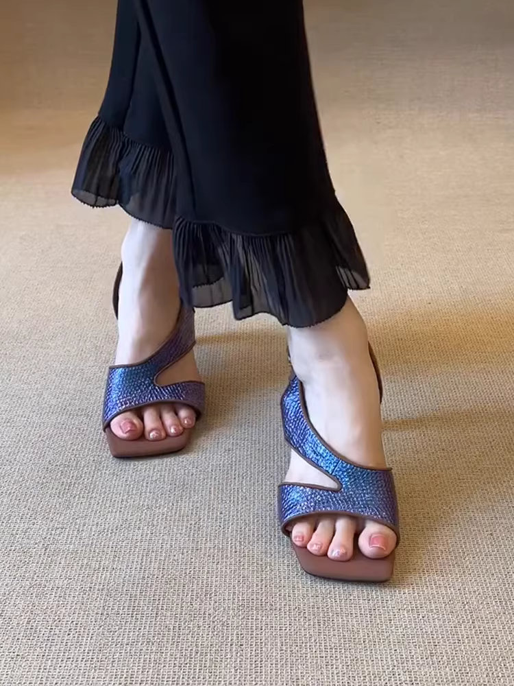 Phiên bản da cừu ~ Dép cao gót mũi vuông kiểu cổ điển kiểu Pháp dành cho nữ, giày La Mã cao gót kiểu quý tộc thanh lịch đa năng mới