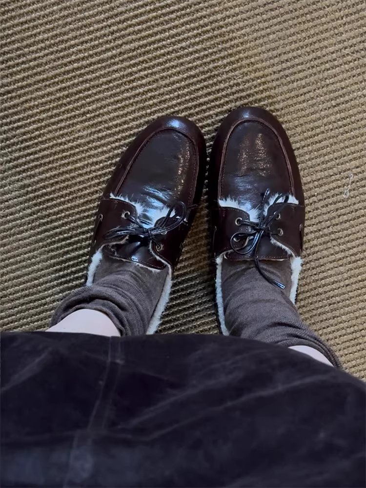 Phiên bản da cừu ~ Giày lười da thật đa năng kiểu Pháp dành cho nữ, lót lông cừu, ấm áp, thoải mái, giày da đế bằng nhỏ