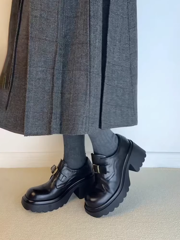 Phiên bản da cừu ~ Giày lười đế dày tăng chiều cao bằng da thật dành cho nữ có khóa thắt lưng, giày đi làm cao gót cổ điển, giày da nhỏ.