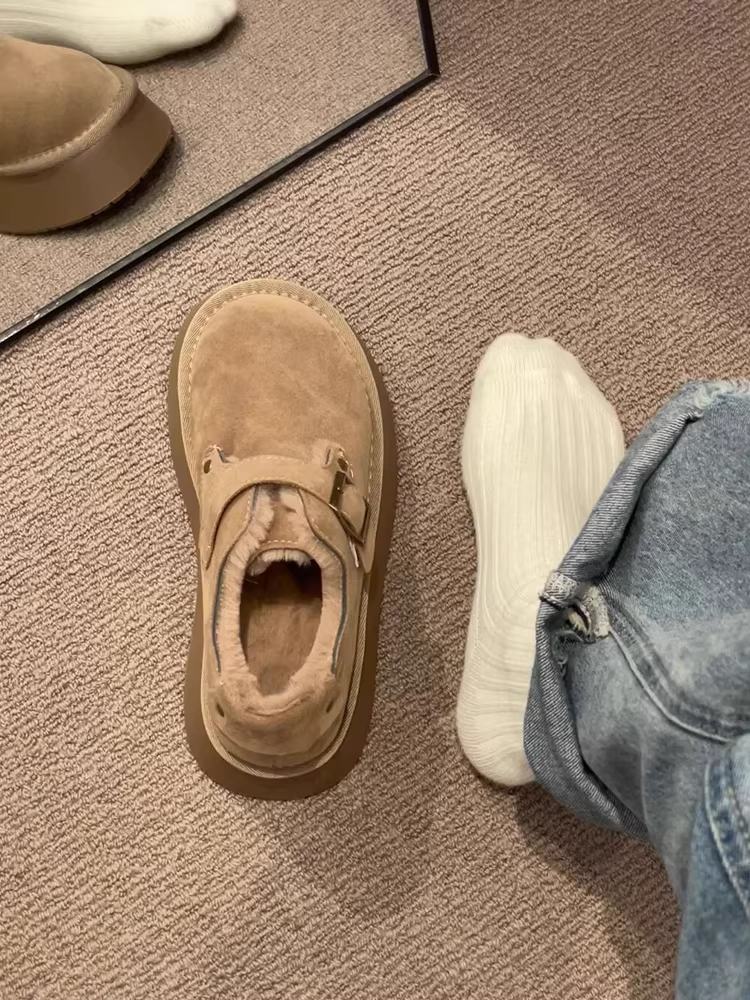 Phiên bản da bò ~ Giày lót lông cừu kiểu lười giữ ấm mùa đông, giày Birkenstock da thật đế dày tăng chiều cao, giày cotton đa năng dành cho nữ.