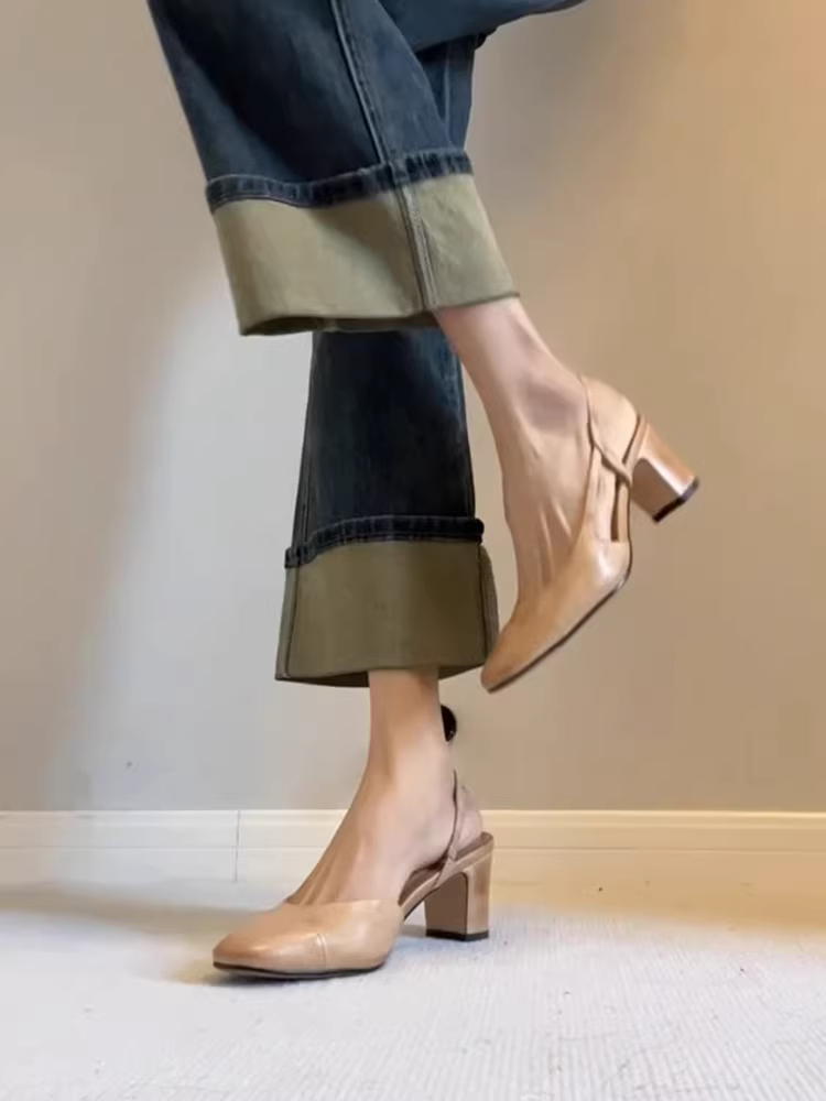 Phiên bản da cừu ~ Giày sandal cao gót kiểu dáng cổ điển kiểu Pháp dành cho nữ, mũi tròn, quai sau, giày mũi kín bằng da thật