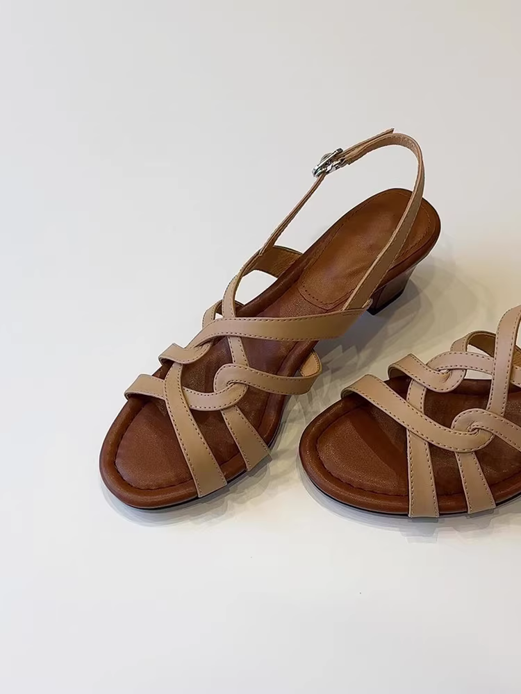 Phiên bản da cừu ~ Dép đế bằng da thật kiểu cổ điển dệt rỗng dành cho nữ, phong cách kỳ nghỉ hè, giày da thật hở mũi, gót dày kiểu La Mã