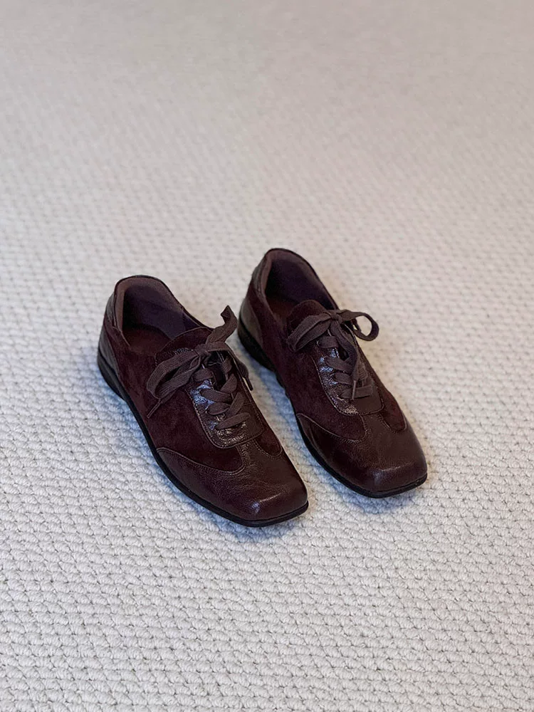 Phiên bản da bò ~ Giày tập luyện kiểu cổ điển bằng da thật phong cách retro dành cho nữ, giày thường ngày kiểu dáng cổ điển có dây buộc mũi vuông giúp thon gọn