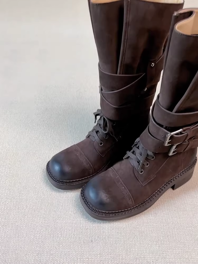 Phiên bản da cừu ~ Giày bốt đi xe máy bằng da thật kiểu retro, thoải mái và sành điệu dành cho nữ, có khóa thắt lưng, gót dày đến giữa bắp chân