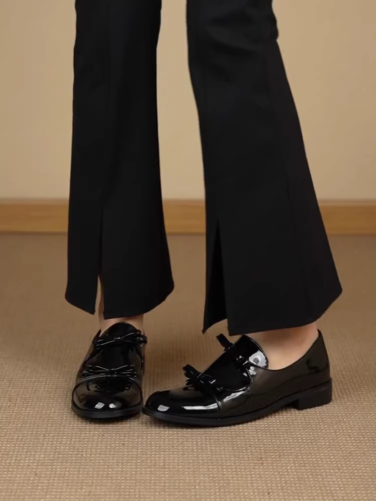 Phiên bản da cừu ~ Giày da nhỏ có dây buộc kiểu nơ bằng da sáng chế dành cho nữ, giày lười mũi tròn đế dày đa năng phong cách Anh.