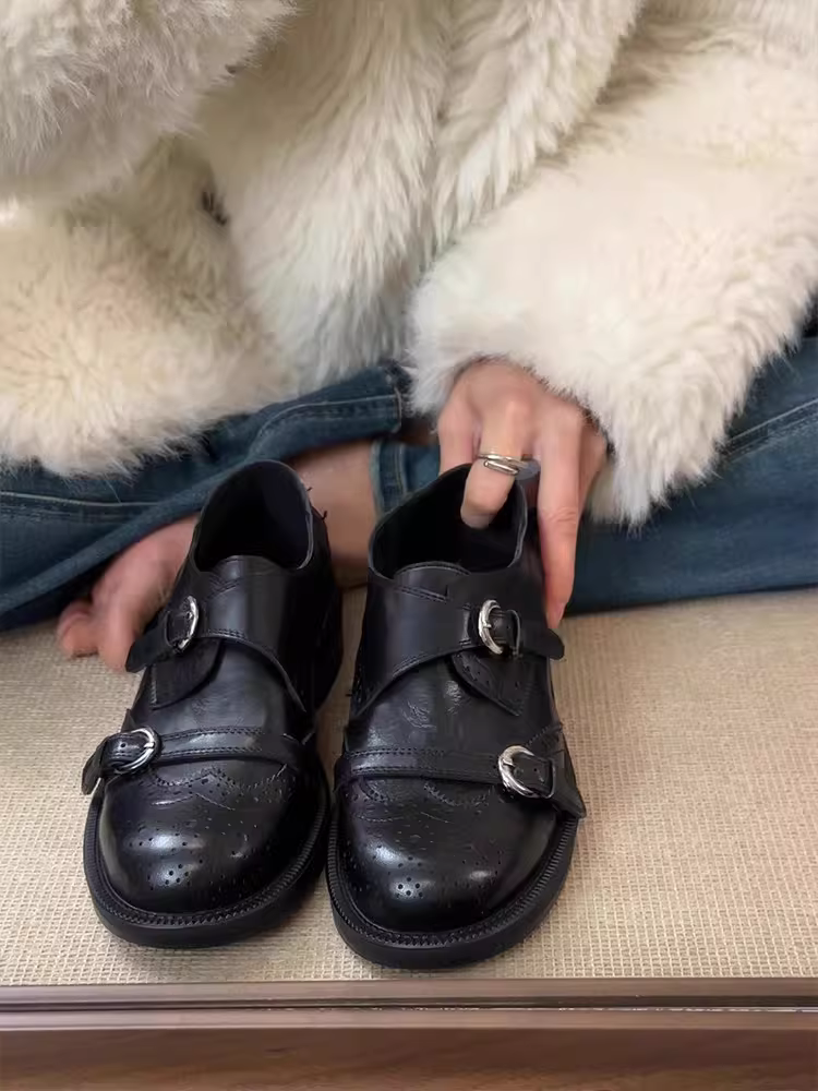 Phiên bản da cừu ~ Giày da kiểu Anh dành cho nữ, giày da thật cao gót kiểu chunky thiết kế thời trang có khóa thắt lưng, giày lười mũi tròn