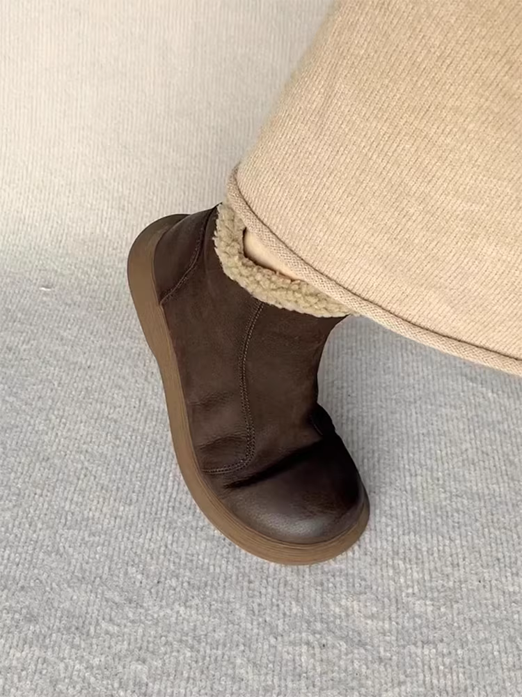 Phiên bản da bò ~ Giày bốt Birkenstock da thật đế mềm có lớp lót lông cừu giữ ấm, bốt ngắn có khóa kéo bên hông, bốt cotton đế dày mũi tròn đa năng dành cho nữ.