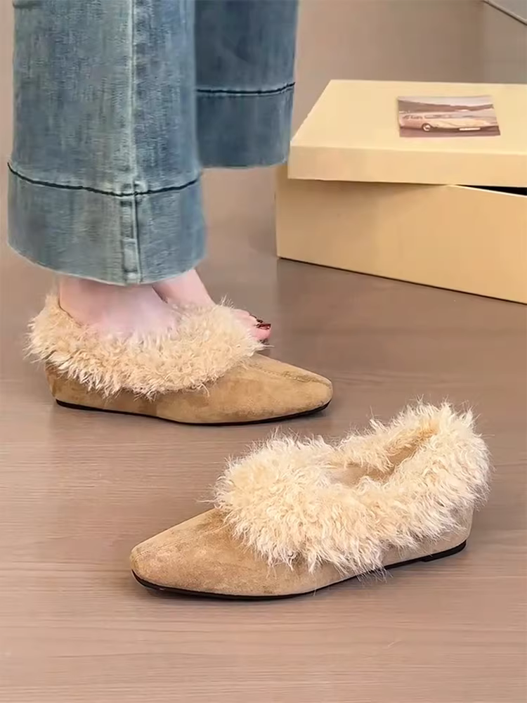 Phiên bản da cừu ~ Giày lông mùa thu đông dành cho nữ, giày lười đơn giản bằng da lộn, giày đế bằng ấm áp, giày cotton cổ điển mũi vuông dành cho nữ