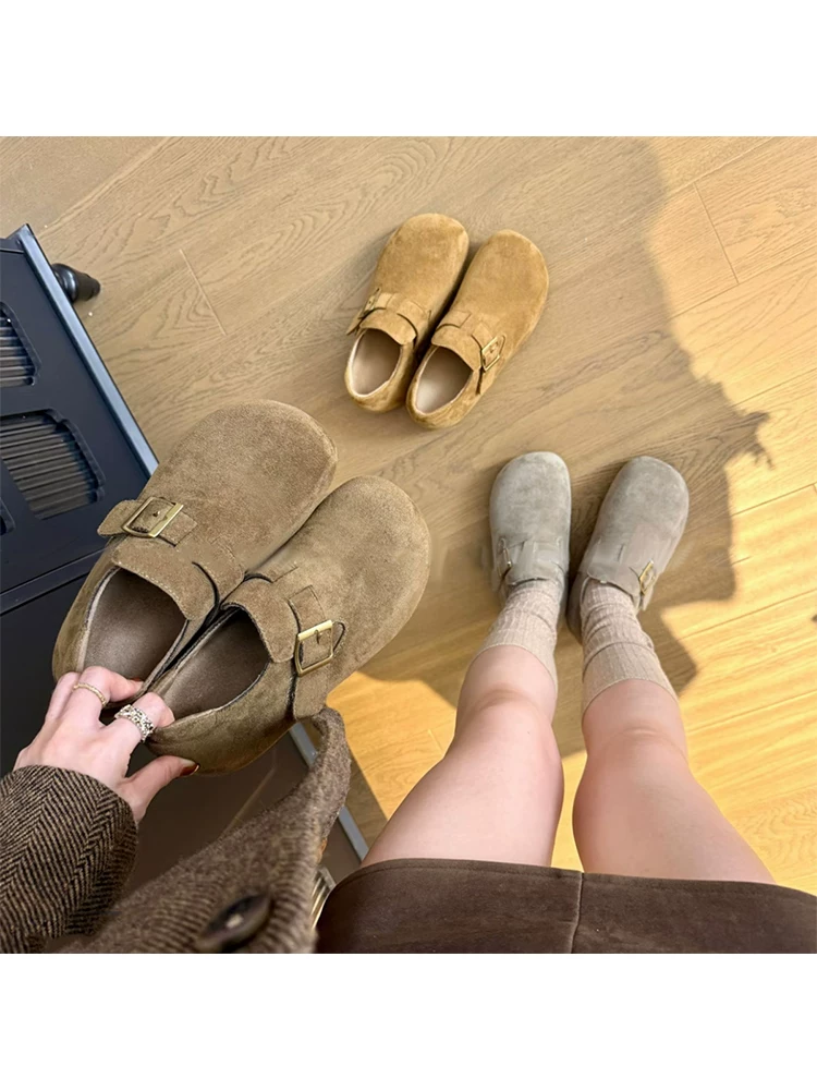 Phiên bản da cừu ~ Giày Birkenstock đế dày siêu mềm tăng chiều cao 6cm dành cho nữ, khóa thắt lưng cổ điển, giày đơn lót lông cừu cắt sâu