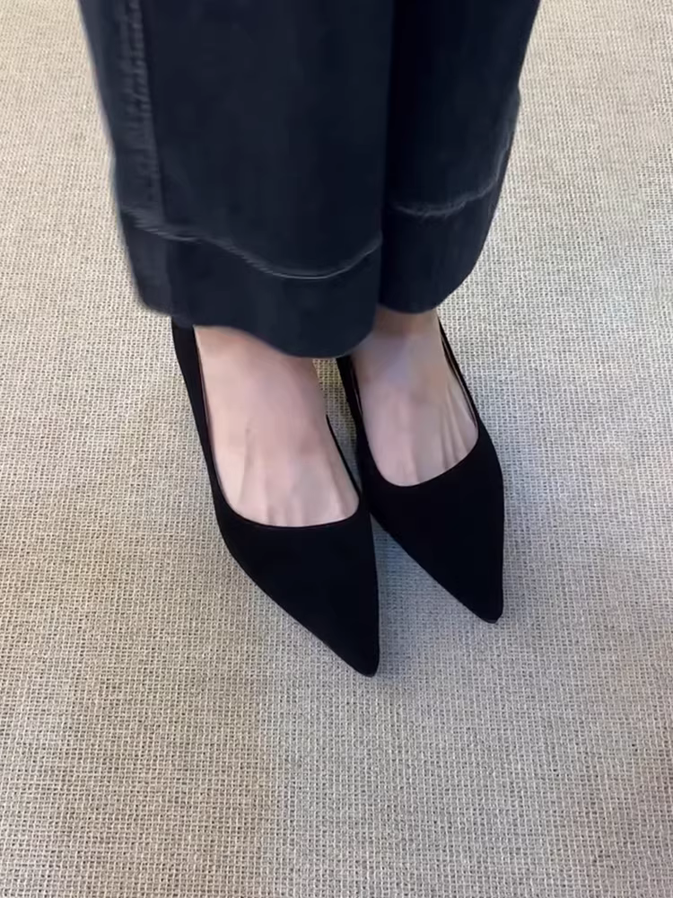 Phiên bản da cừu ~ giày công sở miệng nông đa năng dành cho nữ, giày cao gót mũi nhọn thanh lịch, giày đơn giản bằng da thật kiểu cổ điển