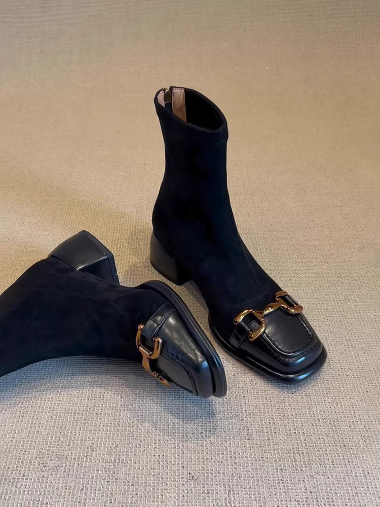 Phiên bản da bò ~ Giày bốt đế vuông có khóa kim loại kiểu Pháp dành cho nữ, giày bốt ngắn đế cao gót bằng da thật được ghép da lộn