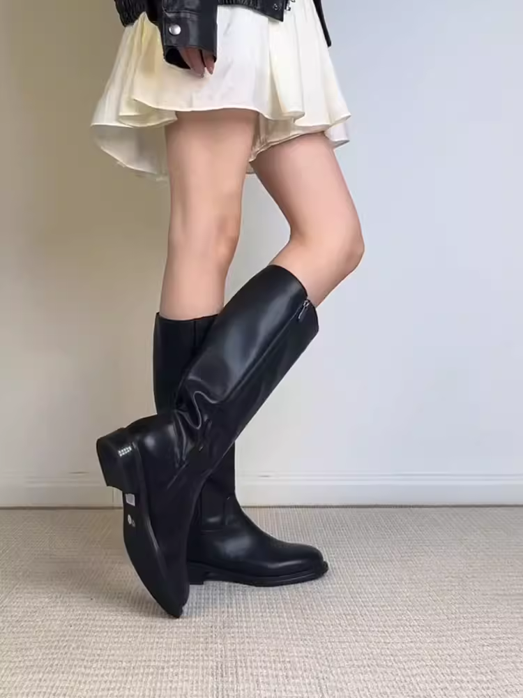 Phiên bản da bò ~ Giày bốt cao gót kiểu cổ điển kiểu Pháp dành cho nữ, bốt cao quá đầu gối màu đen, bốt cưỡi ngựa thon gọn và đa năng.